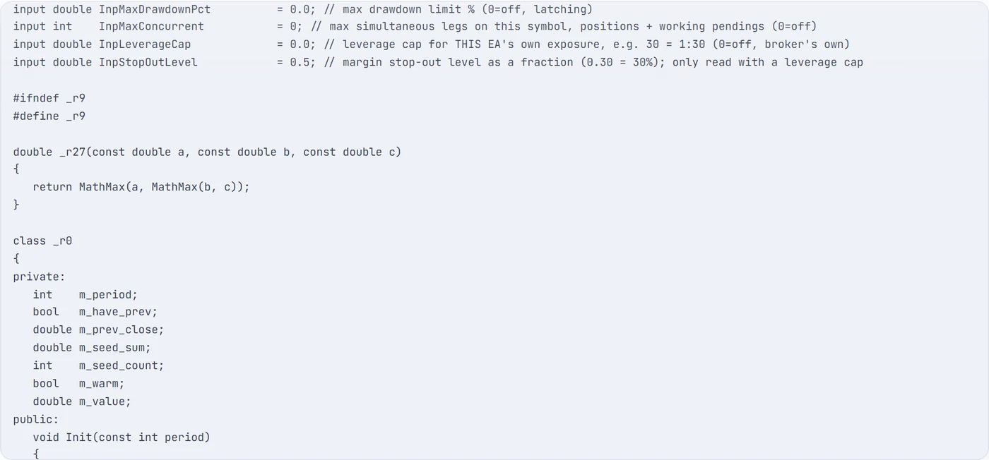 Generated MQL5 source showing named input parameters with explanatory comments, and internal helper functions with short generated names