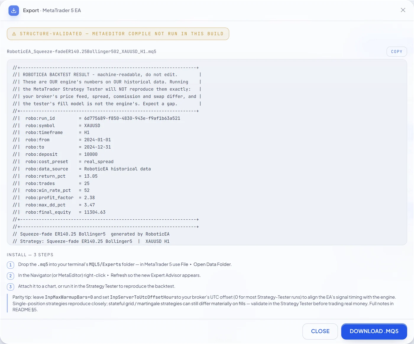 The RoboticEA export preview showing the compile-gate badge, the .mq5 filename and the generated MQL5 source