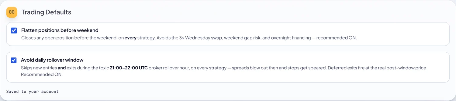 Trading Defaults settings
