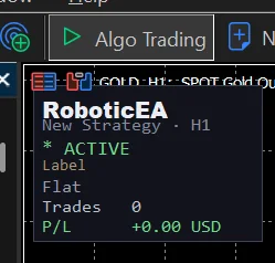 The RoboticEA status panel on a chart showing ACTIVE