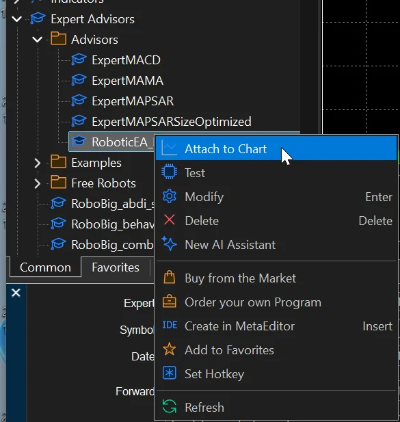 Attach to Chart in the EA's context menu