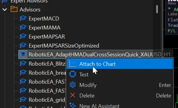 The EA context menu showing Attach to Chart, Test, Modify and Delete