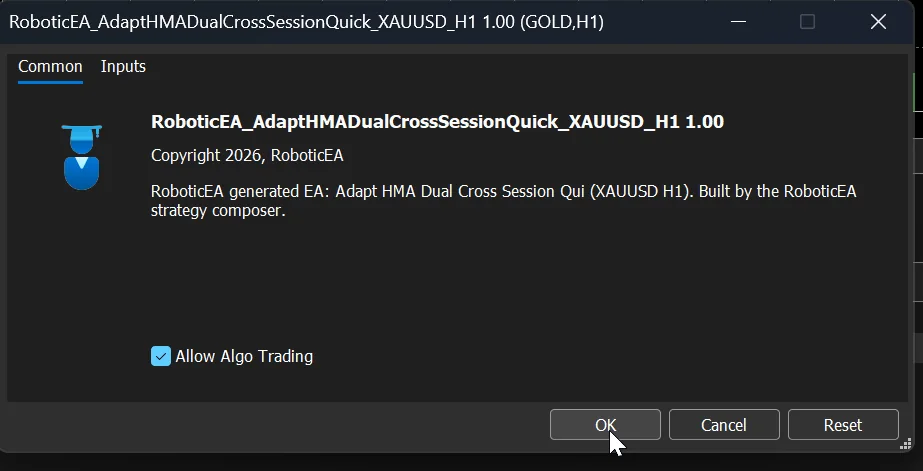The EA properties dialog with the Common and Inputs tabs