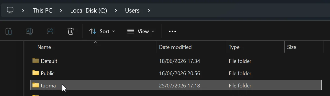 The Users folder with a user account folder selected