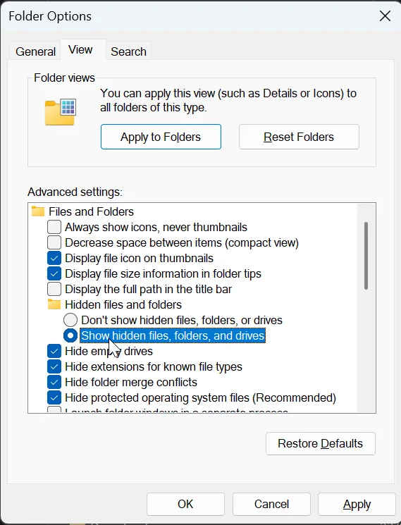 Show hidden files, folders and drives selected in Folder Options