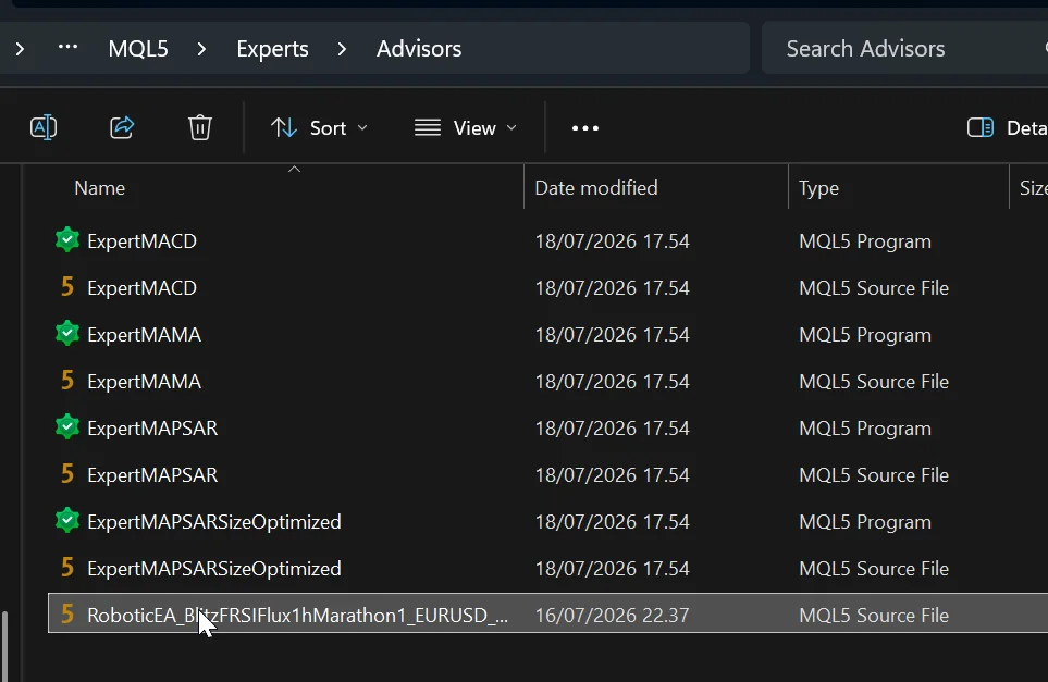 The exported RoboticEA .mq5 pasted into the Advisors folder