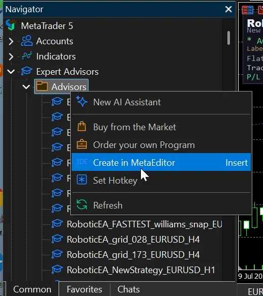 Right-clicking the Advisors folder in the MetaTrader Navigator