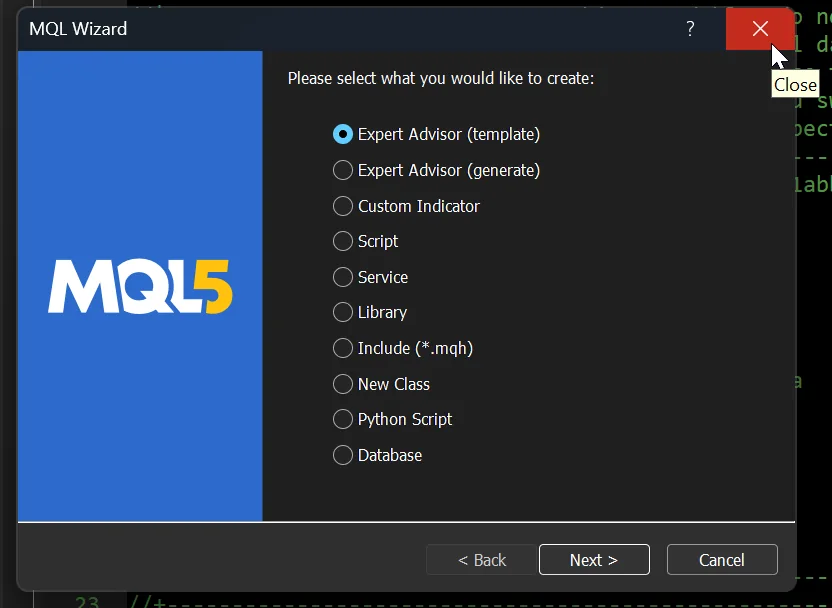 Closing the MQL Wizard dialog