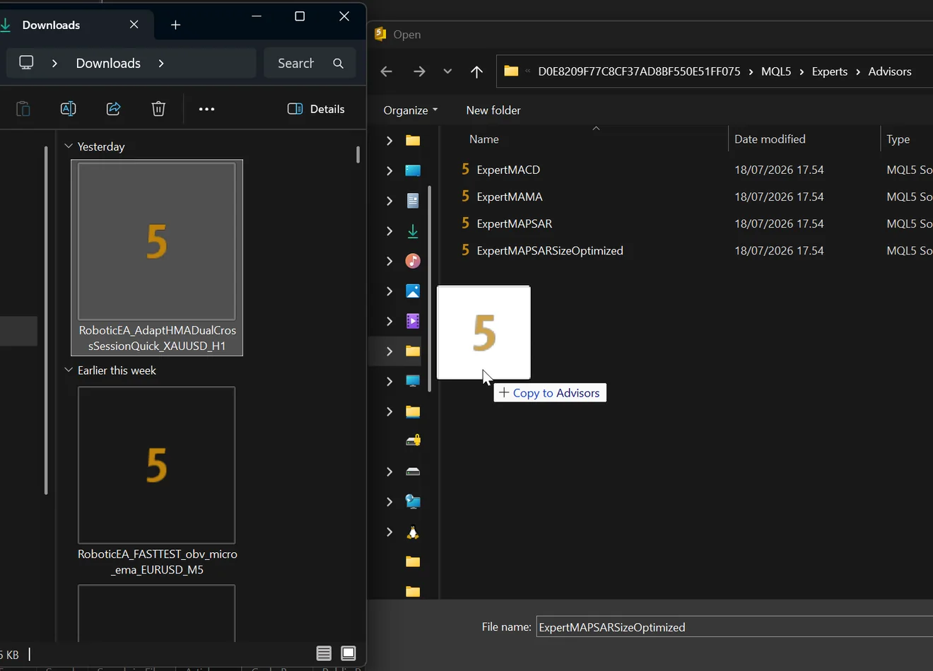 Dragging the exported .mq5 from Downloads into the Advisors folder