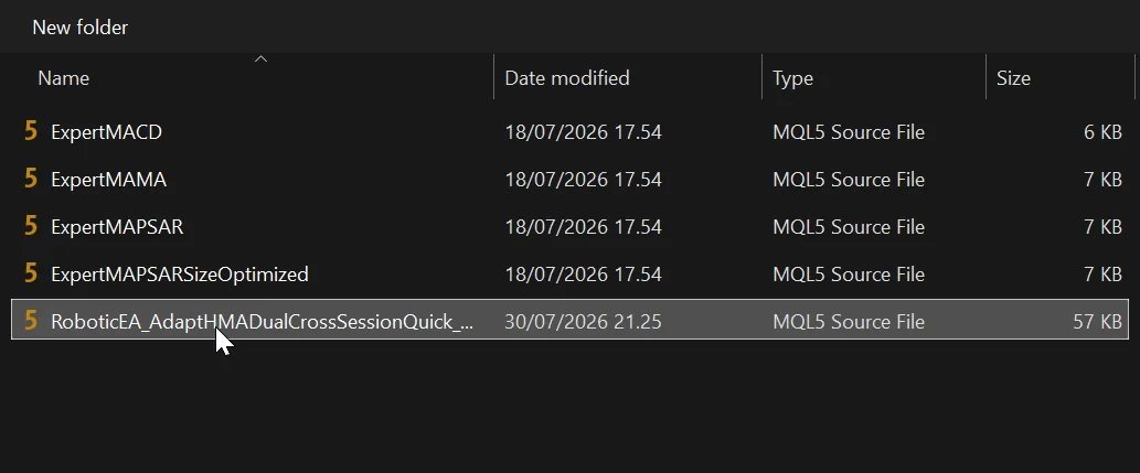 The .mq5 file now listed in the Advisors folder