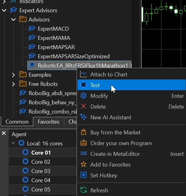 The Test item in the EA's context menu